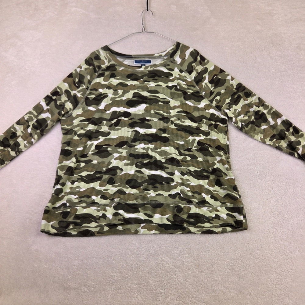 Karen Scott Sport Camo Waffle Knit Thermal Top XL Green Camouflage Long Sleeve